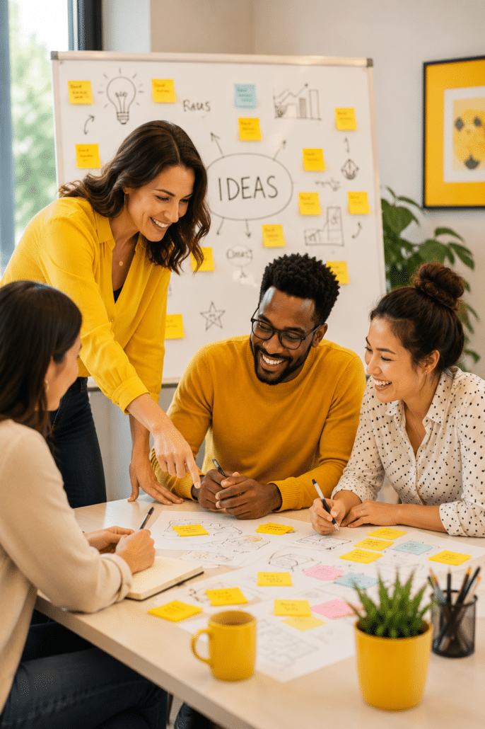 insights_discovery_sunshine_yellow_creative.png Creative team brainstorming ideas in a bright collaborative office